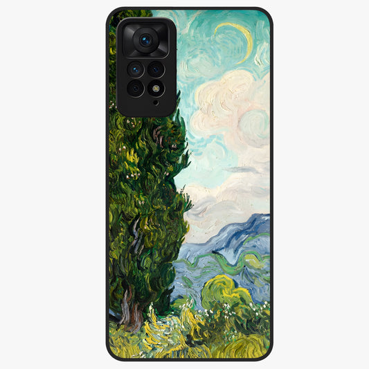 Van Gogh Vintage Art Glass Case showing flat back view with vintage painterly artwork inspired by Van Gogh style and glossy glass finish.