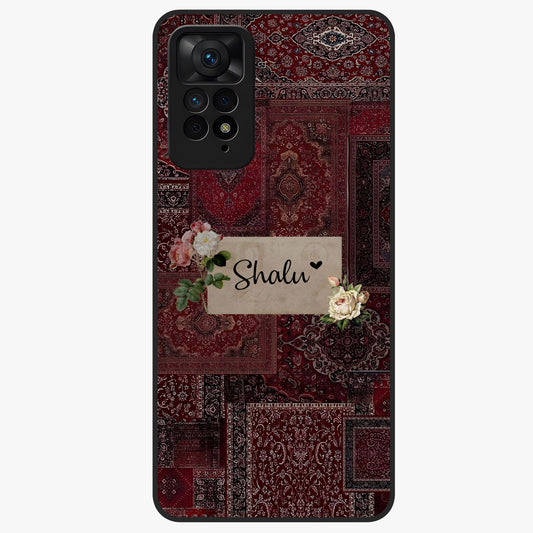 Velvet Wine Pattern Custom Name Glass Case showing flat back view with elegant wine colored pattern artwork and personalized name design.
