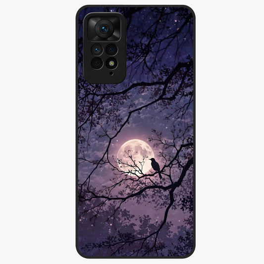 Whispering Moon Silence Glass Case showing flat back view with serene moon themed artwork and glossy glass finish.