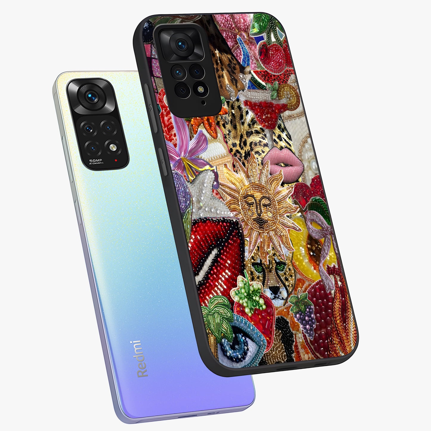 Beaded Fashion Jungle Glass Case displayed in angled mockup highlighting colorful fashion bead design and artistic pattern.
