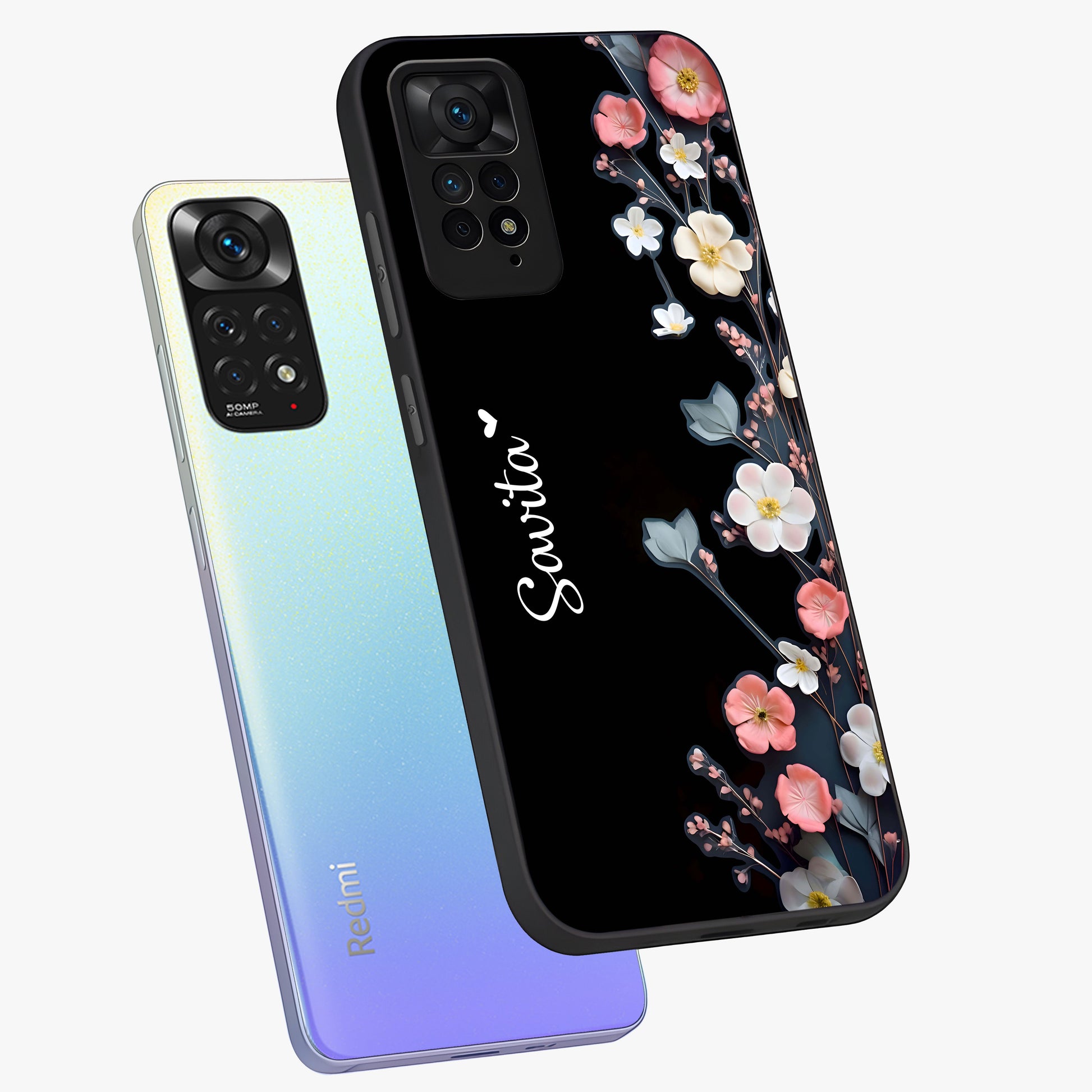 Black Elegance Floral Custom Name Glass Case displayed in angled mockup highlighting dark floral aesthetic and custom name feature.