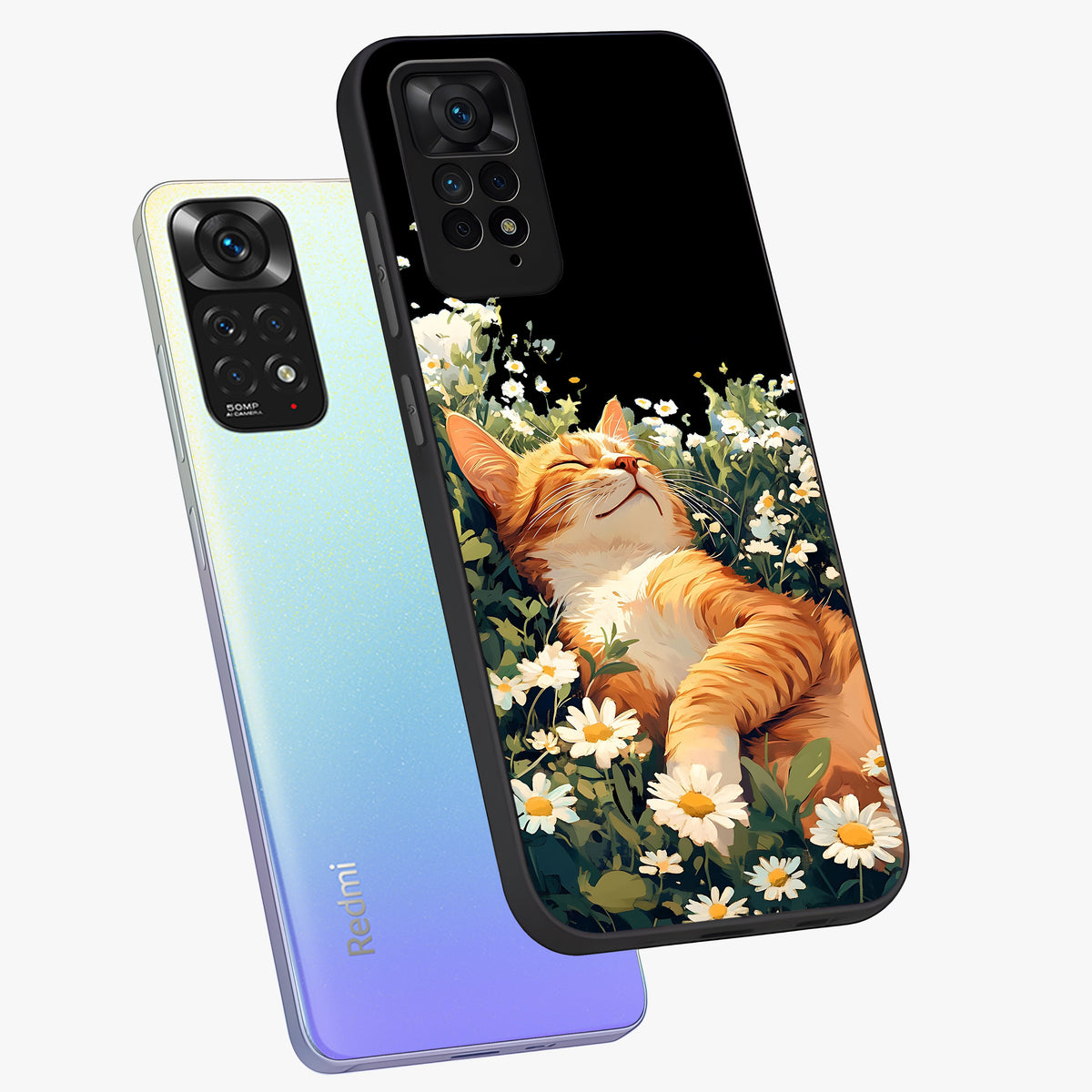 Blissful Bloom Cat Glass Case displayed in angled mockup highlighting playful feline illustration with soft floral aesthetic.