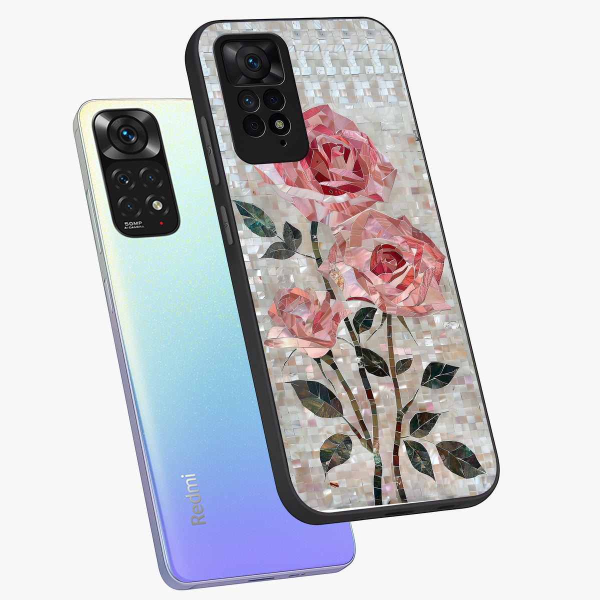 Blush Mosaic Bloom Glass Case displayed in angled mockup highlighting artistic mosaic flower pattern with aesthetic design.
