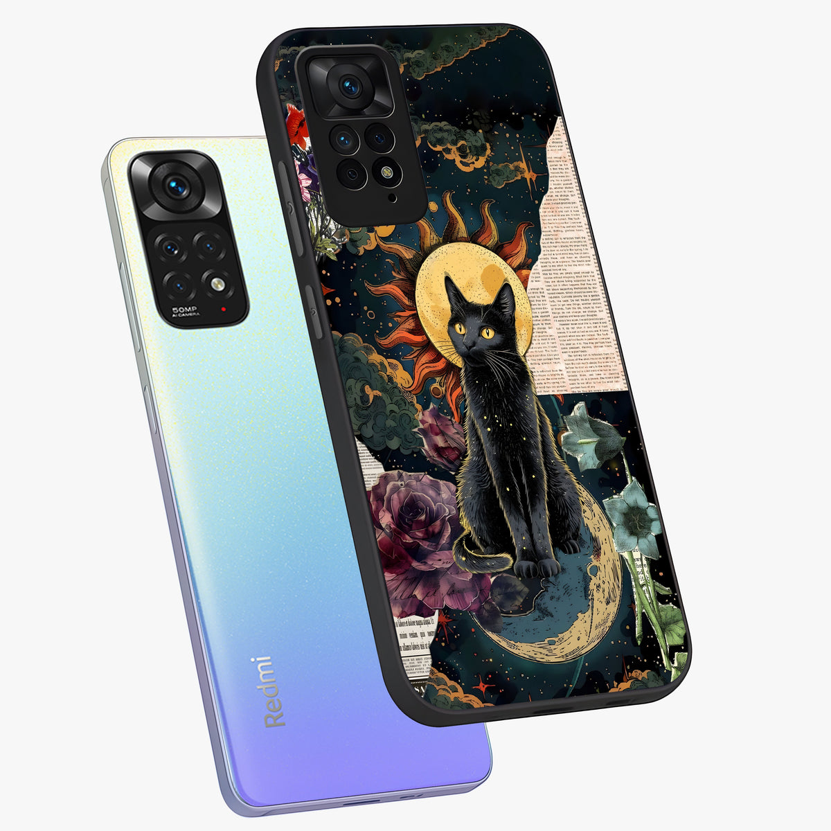 Celestial Black Cat Glass Case displayed in angled mockup highlighting cosmic black cat design with celestial aesthetic.