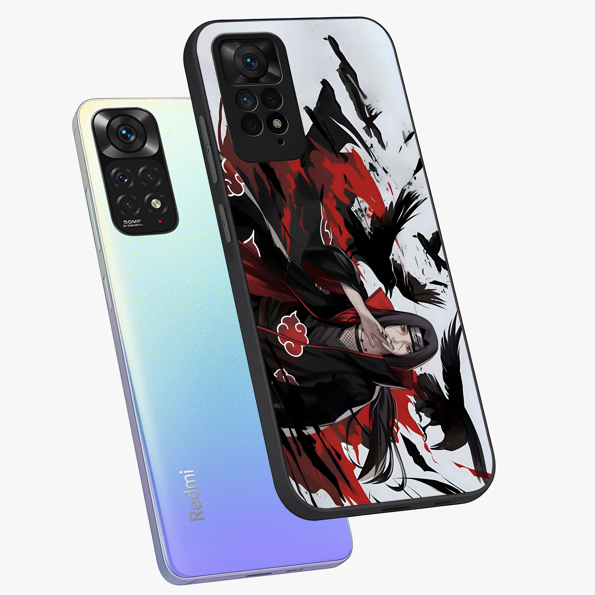 Crimson Crow Illusion Glass Case displayed in angled mockup highlighting mysterious crow graphic with dark aesthetic style.