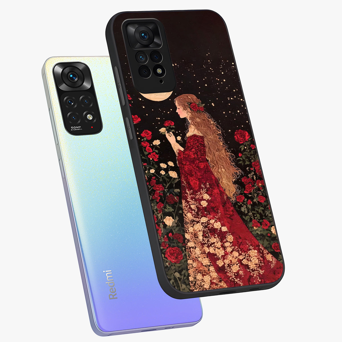Crimson Dreams Glass Case displayed in angled mockup highlighting soft crimson aesthetic design with artistic theme.