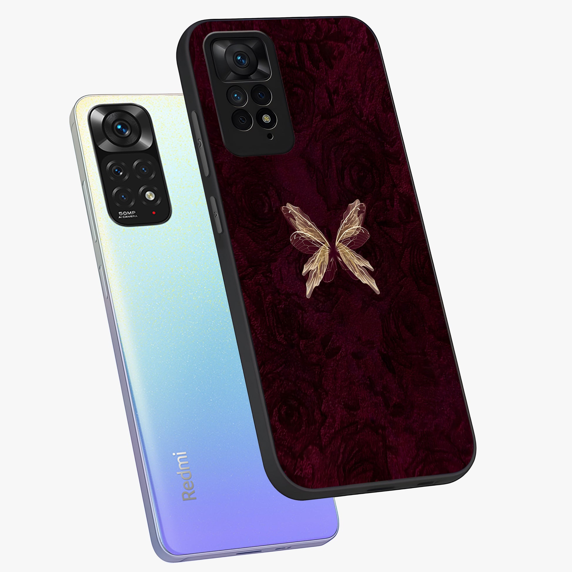 Crimson Fade Butterfly Glass Case displayed in angled mockup highlighting elegant butterfly design with crimson gradient aesthetic.