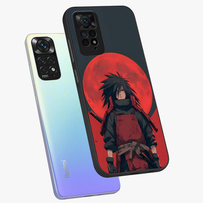 Crimson Moon Warlord Glass Case displayed in angled mockup highlighting dramatic crimson moon design with fantasy aesthetic.