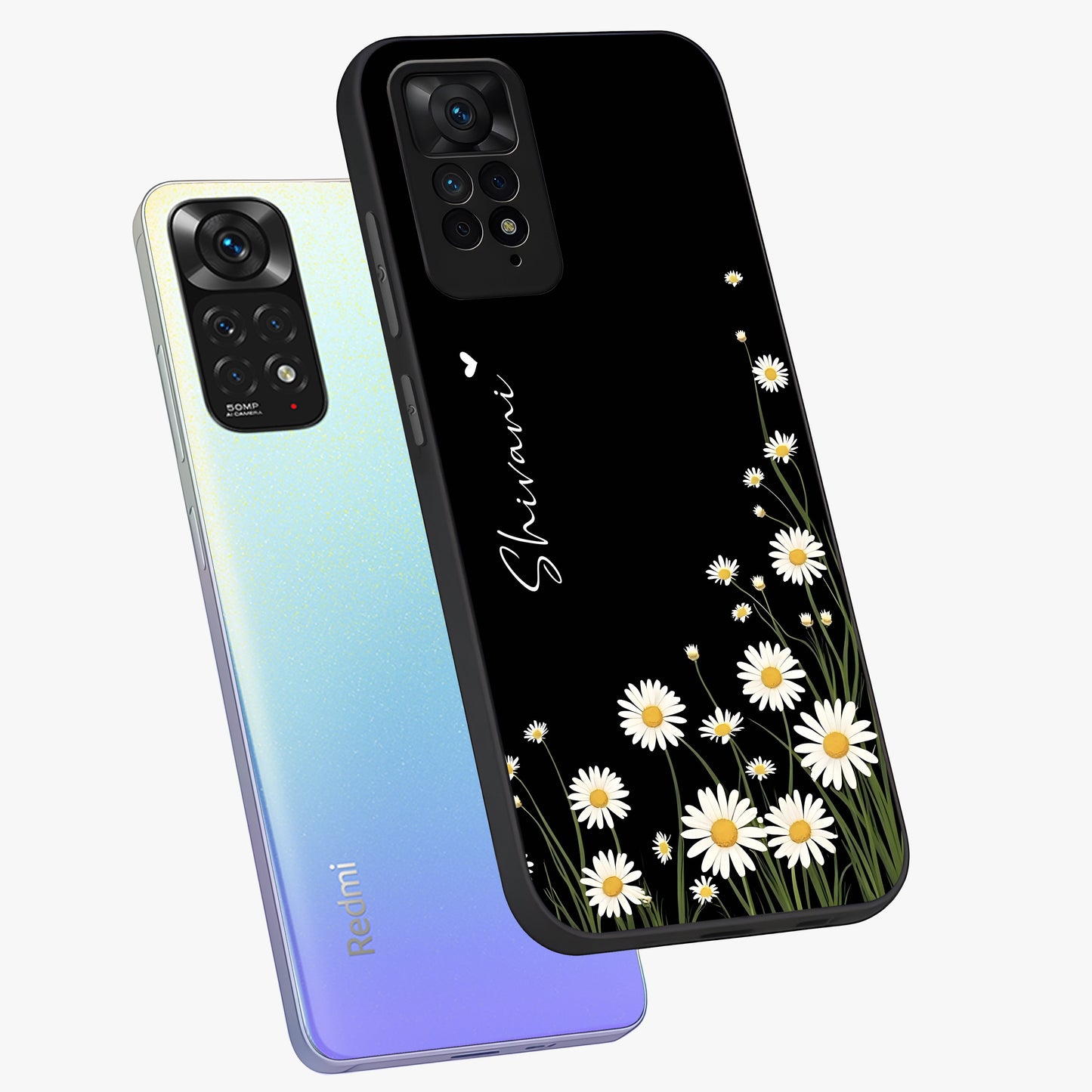 Daisy Cascade Custom Name Glass Case displayed in angled mockup highlighting delicate daisy artwork with custom name feature.