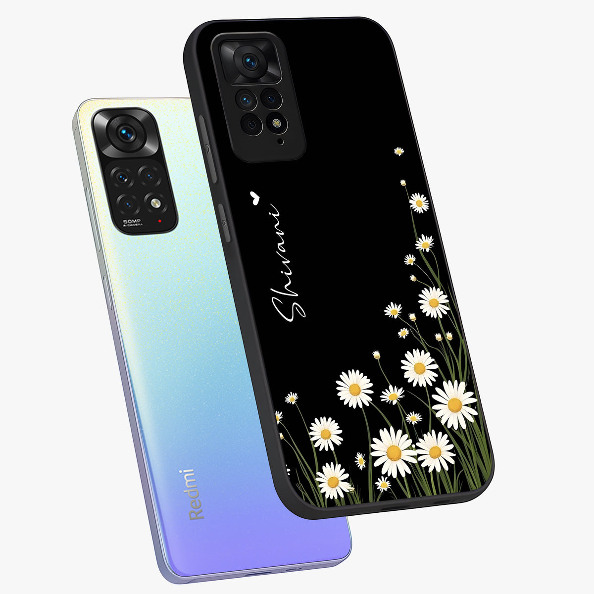 Daisy Cascade Custom Name Glass Case displayed in angled mockup highlighting delicate daisy artwork with custom name feature.