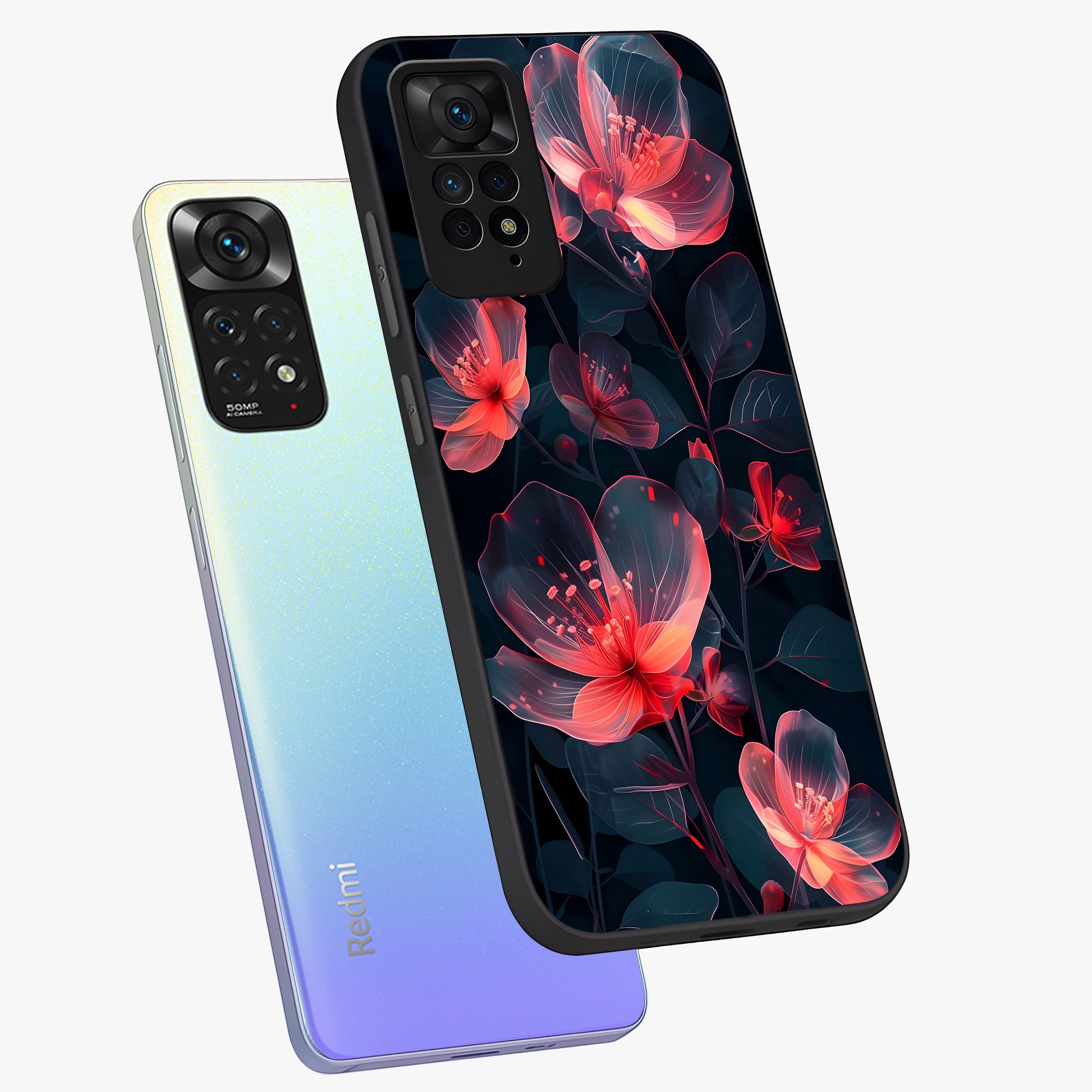 Dark Shade of Flower Glass Case displayed in angled mockup highlighting moody floral illustration with aesthetic dark tones.