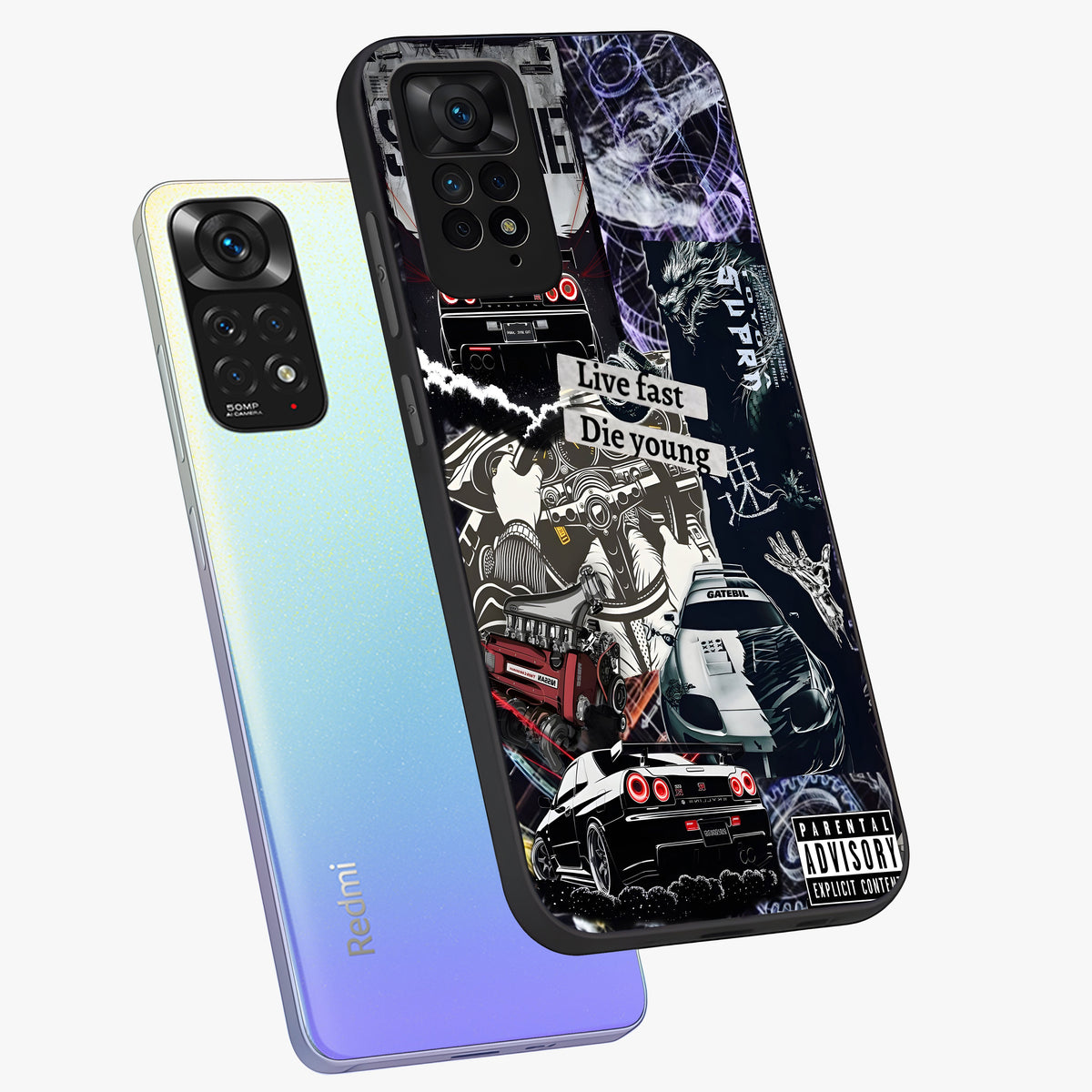 Die Young Glass Case displayed in angled mockup highlighting expressive graphic artwork with edgy aesthetic style.