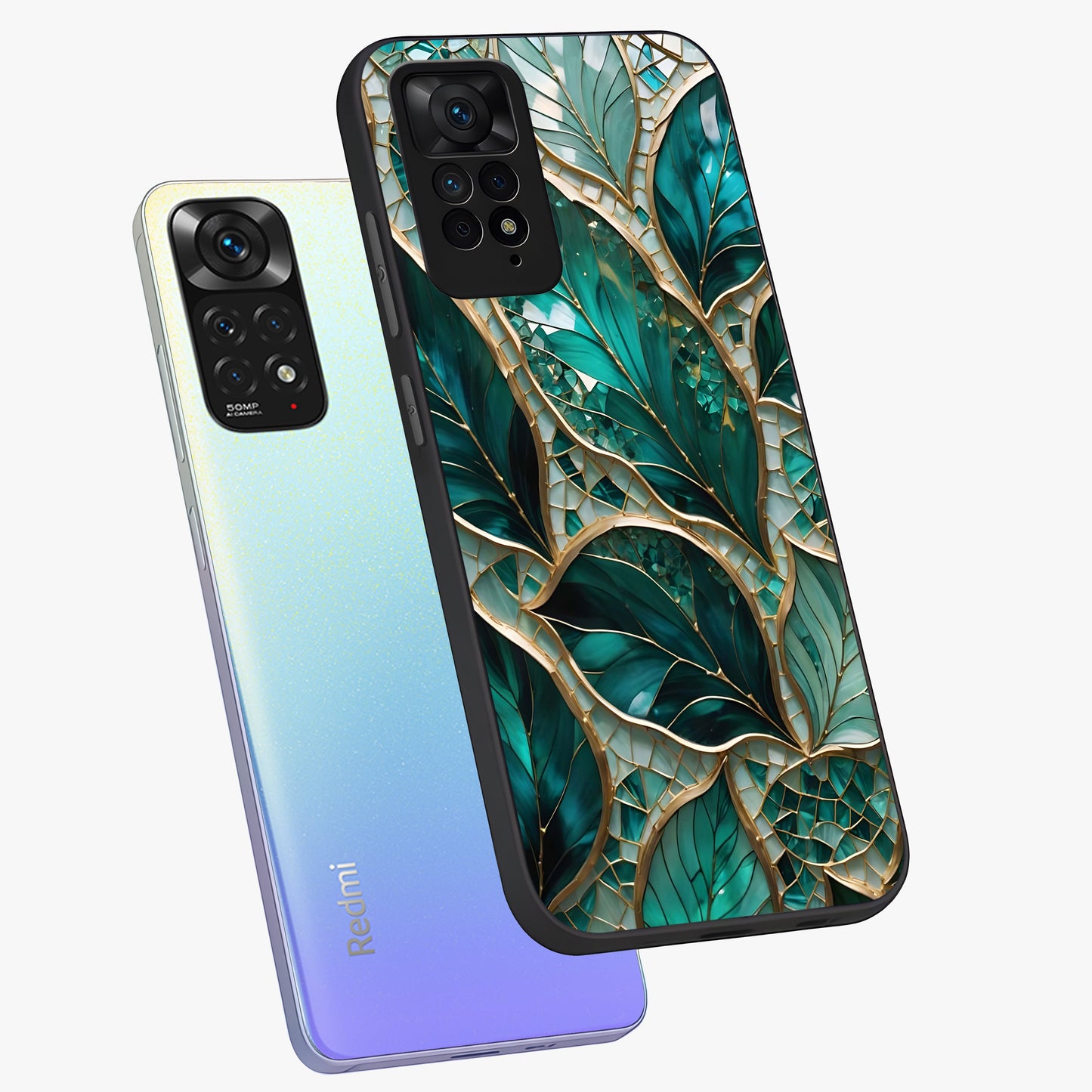 Emerald Leaf Glass Glass Case displayed in angled mockup highlighting botanical leaf illustration with elegant natural aesthetic.