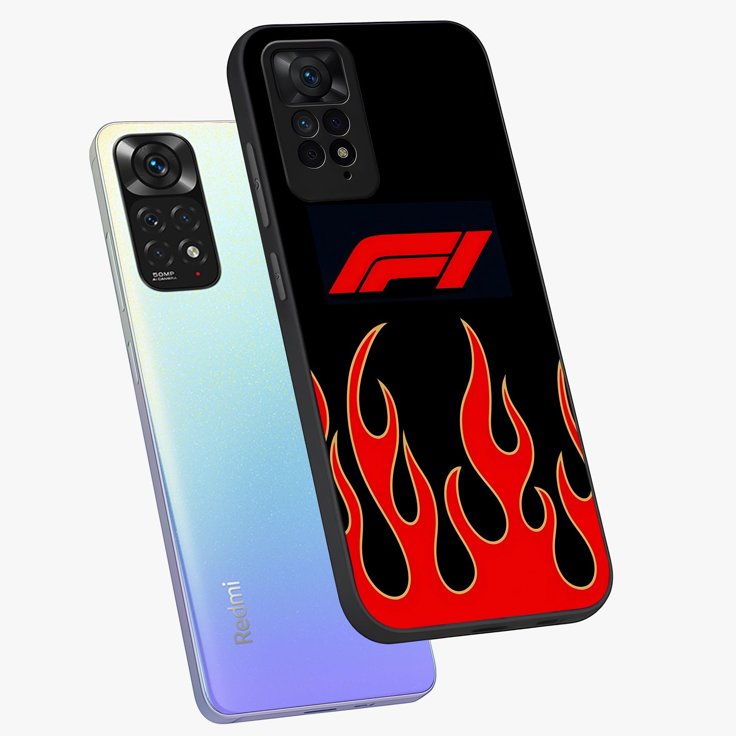 Fire F11 Glass Case displayed in angled mockup highlighting bold fire inspired graphic with energetic aesthetic style.