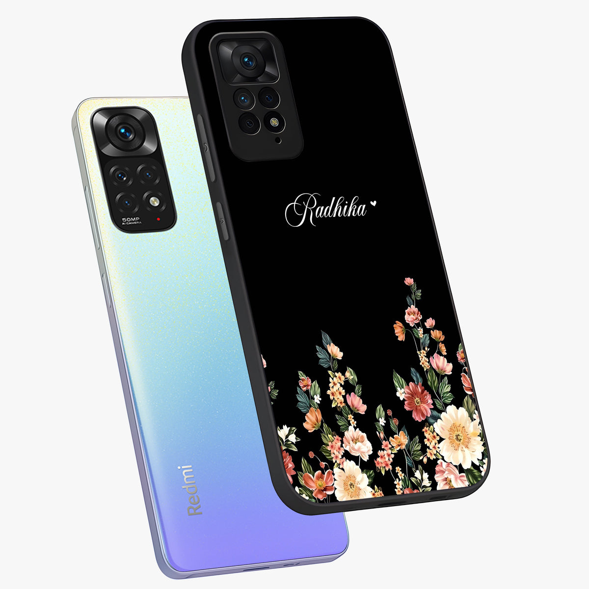 Floral Design With a Custom Personalized Name Glass Case displayed in angled mockup highlighting elegant floral pattern with custom name feature.
