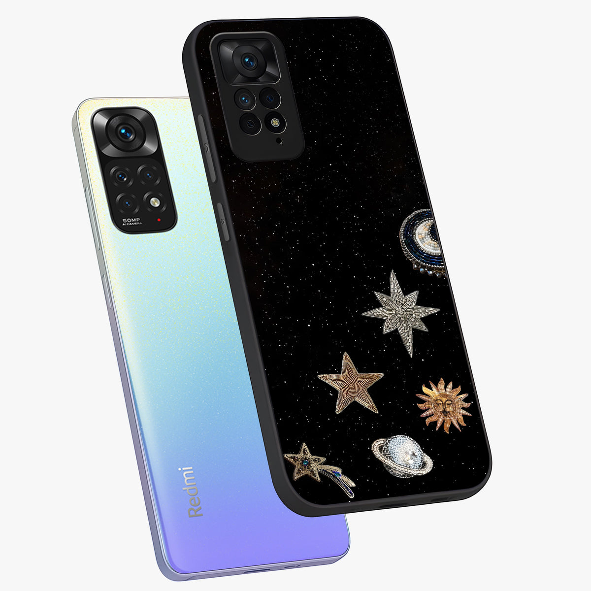 Galactic Charm Glow Glass Case displayed in angled mockup highlighting luminous galaxy inspired design with dreamy aesthetic.