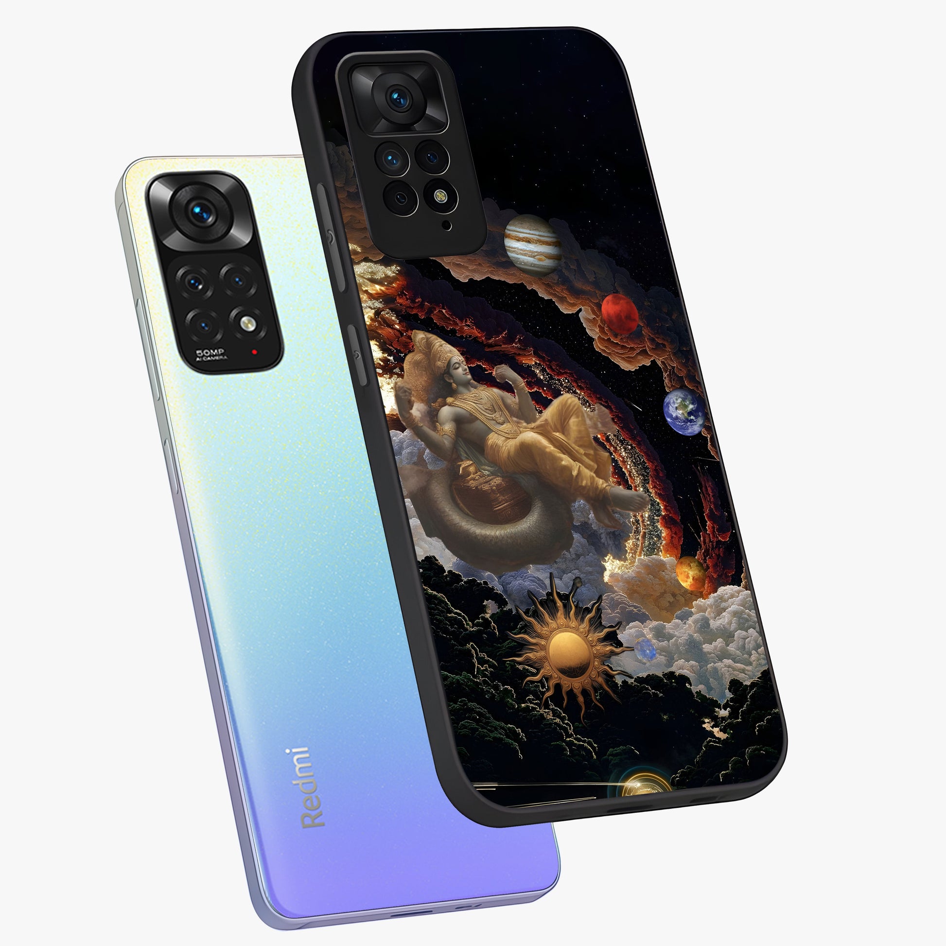 Galactic Divine God Glass Case displayed in angled mockup highlighting powerful celestial deity illustration with galactic aesthetic.