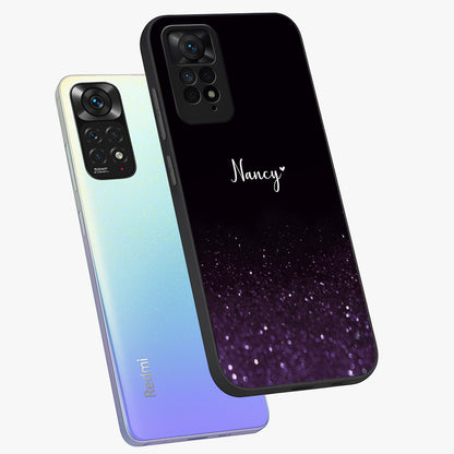 Glittery Purple Bokeh Custom Name Glass Case displayed in angled mockup highlighting glitter bokeh pattern with custom name feature.