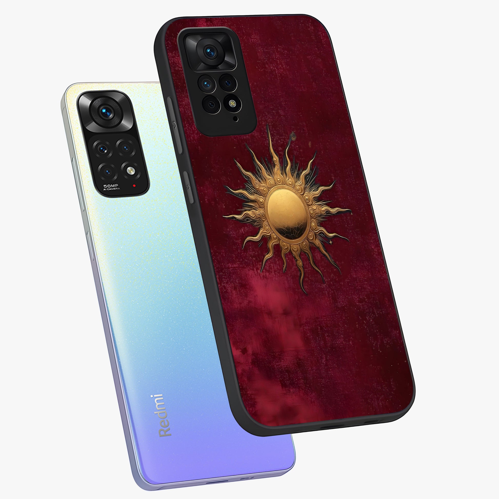 Golden Sun Minimalism Glass Case displayed in angled mockup highlighting clean sun symbol design with modern minimal aesthetic.