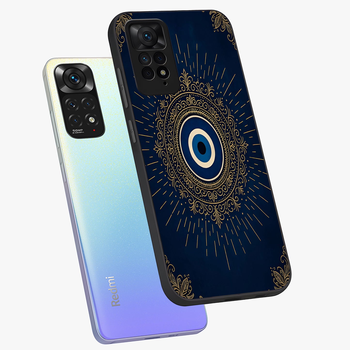Golden Celestial Charm Glass Case displayed in angled mockup highlighting sparkling cosmic charm design with celestial aesthetic.