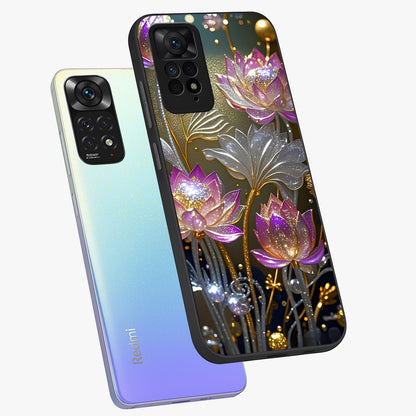 Golden Floral Majesty Glass Case displayed in angled mockup highlighting elegant flower design with royal golden aesthetic.