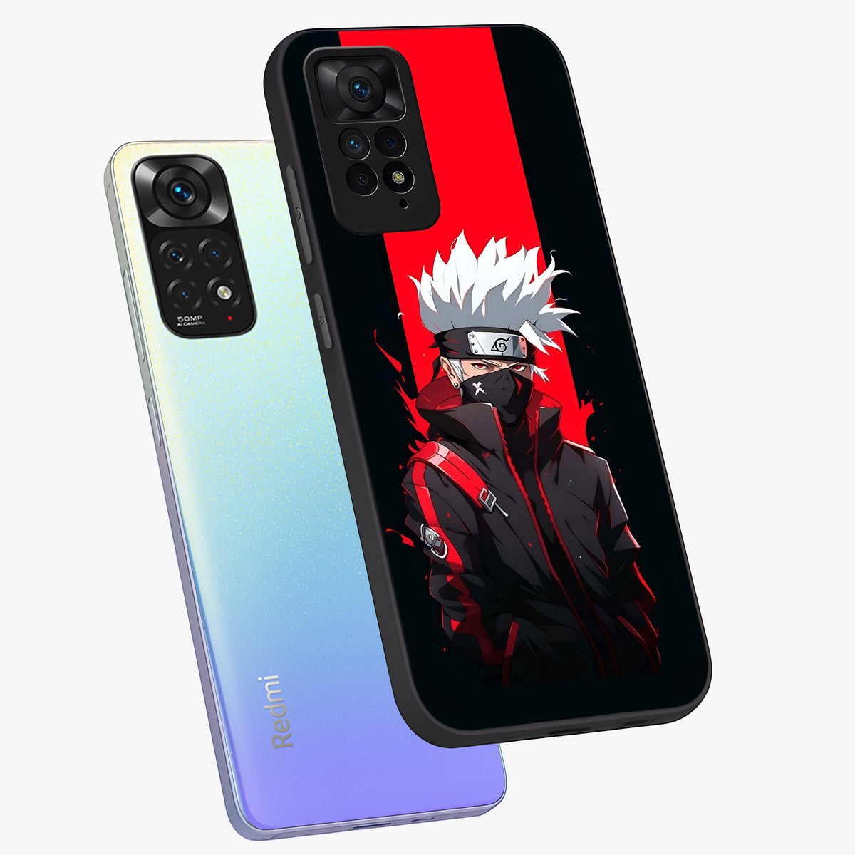Kakashi Scarlet Shadow Glass Case displayed in angled mockup highlighting dramatic ninja illustration with scarlet themed aesthetic.