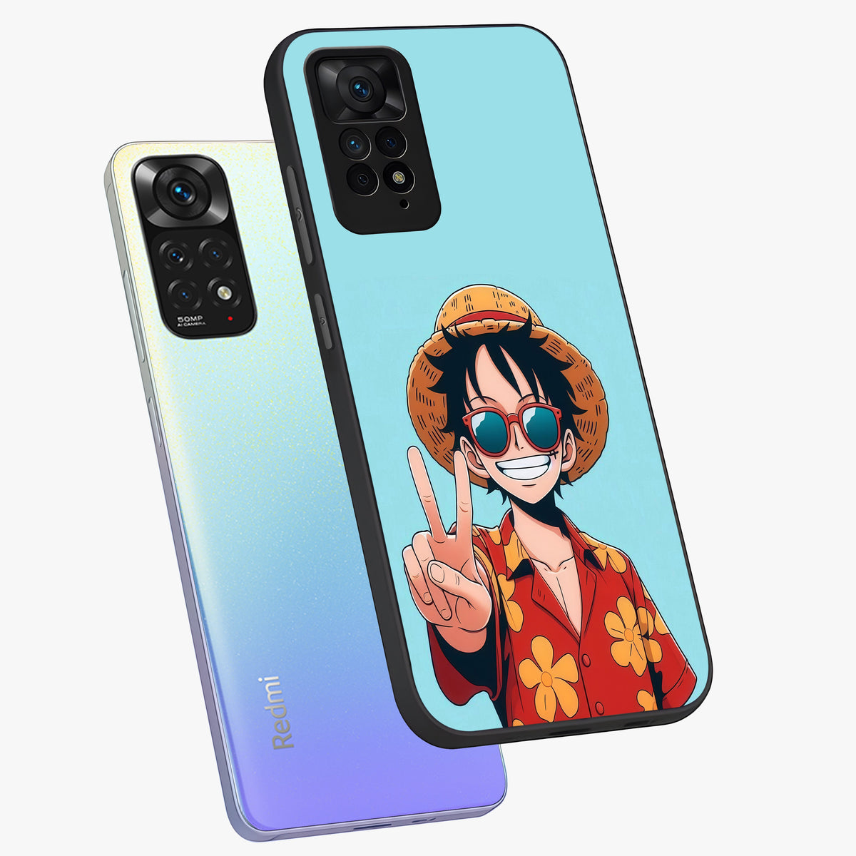Luffy Summer Anime Vibe Glass Case displayed in angled mockup highlighting energetic anime illustration with summer vibe aesthetic.