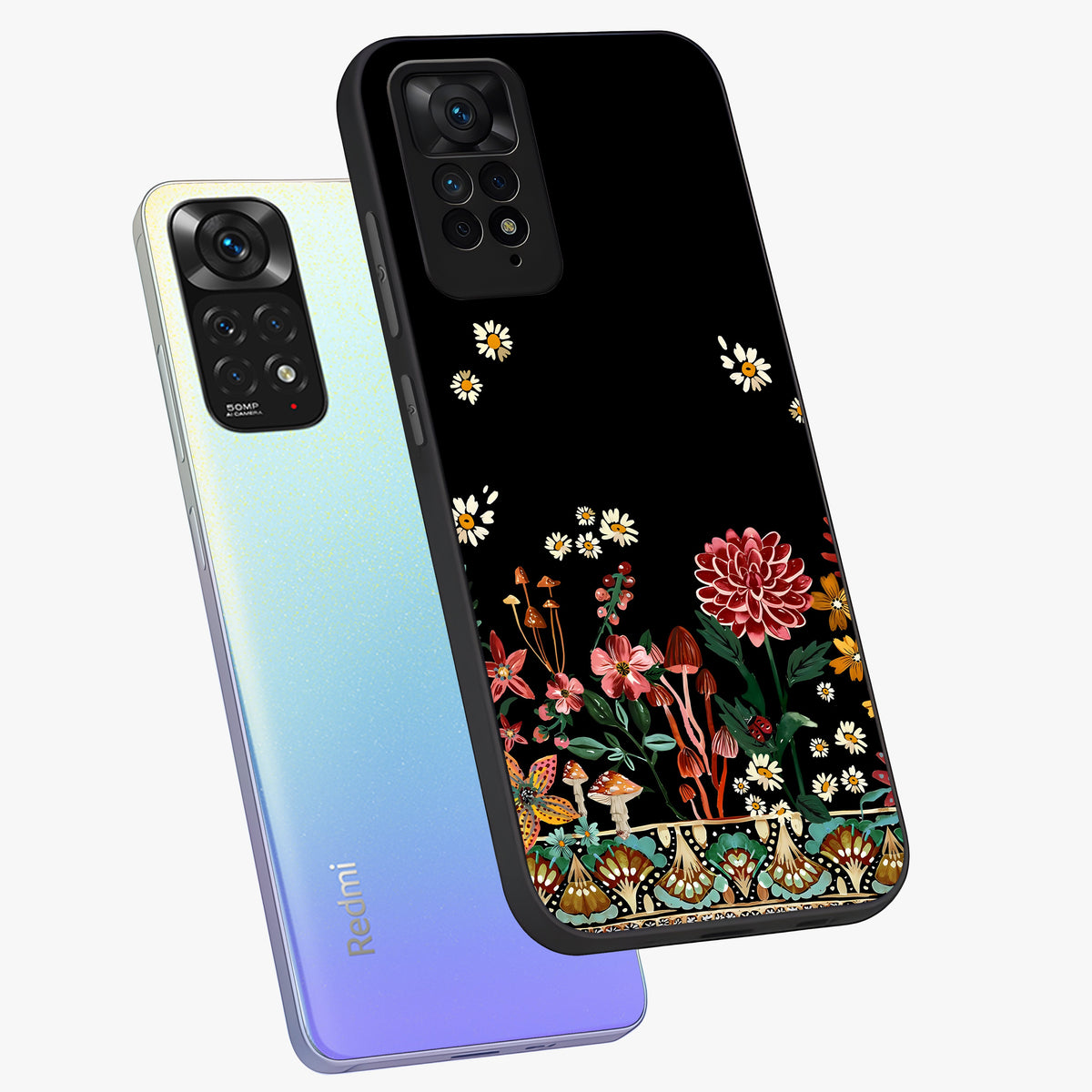Midnight Bloom Pattern Glass Case displayed in angled mockup highlighting elegant flower design with midnight aesthetic style.