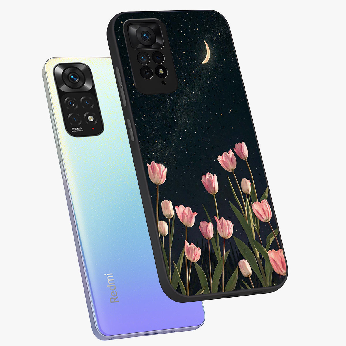 Midnight Tulip Whispers Vibe Glass Case displayed in angled mockup highlighting delicate tulip design with midnight floral aesthetic.