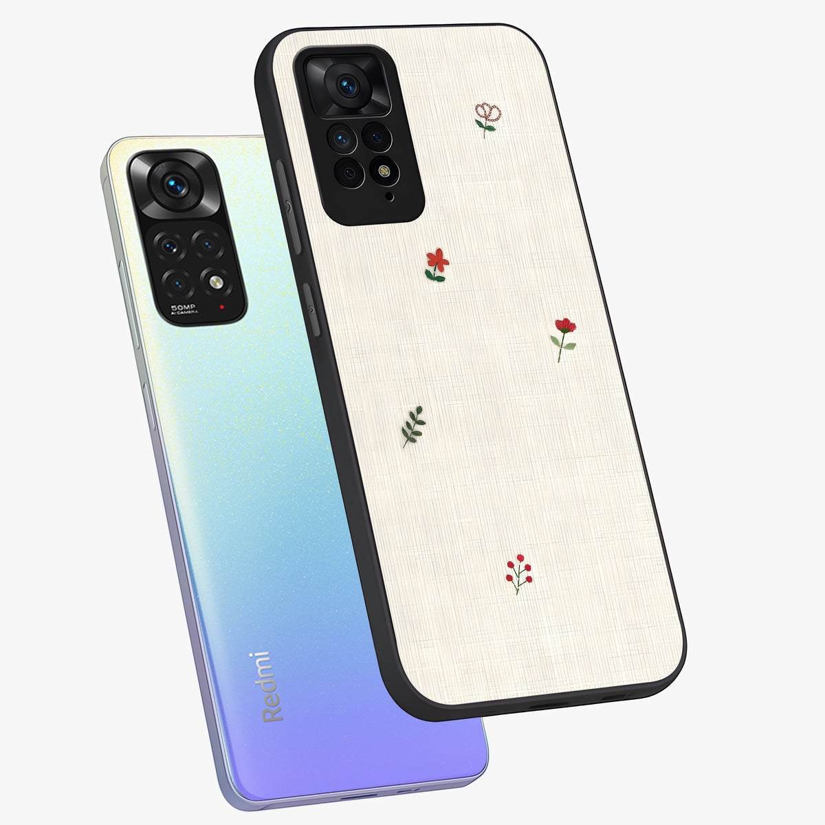 Minimalistic Blue With White Flower Pattern Glass Case displayed in angled mockup highlighting simple floral design with minimal aesthetic.