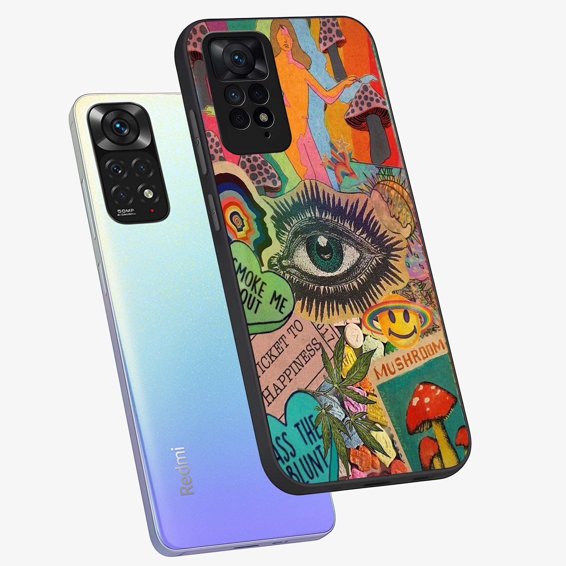 Mystic Eye Wonderland Glass Case displayed in angled mockup highlighting magical eye illustration with dreamy aesthetic.