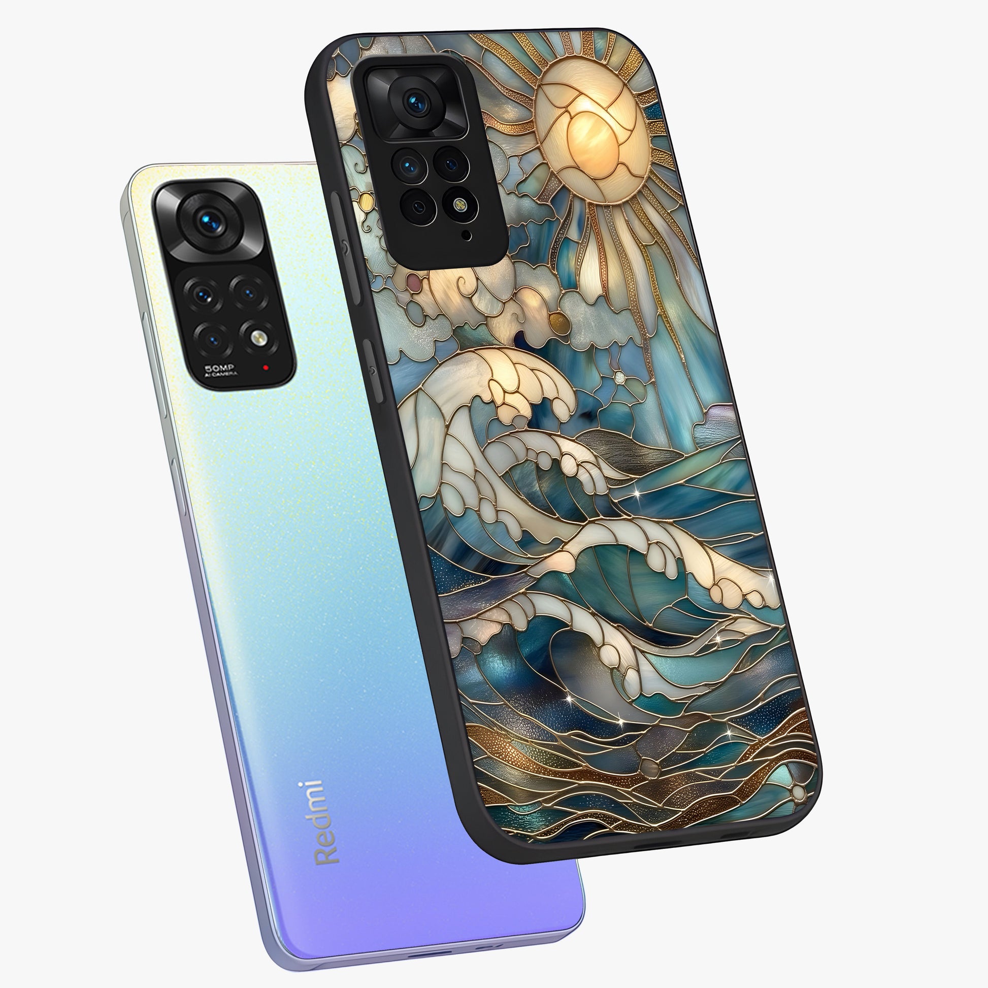 Oceanic Stained Printed Glass Case displayed in angled mockup highlighting colorful aquatic design with artistic aesthetic style.