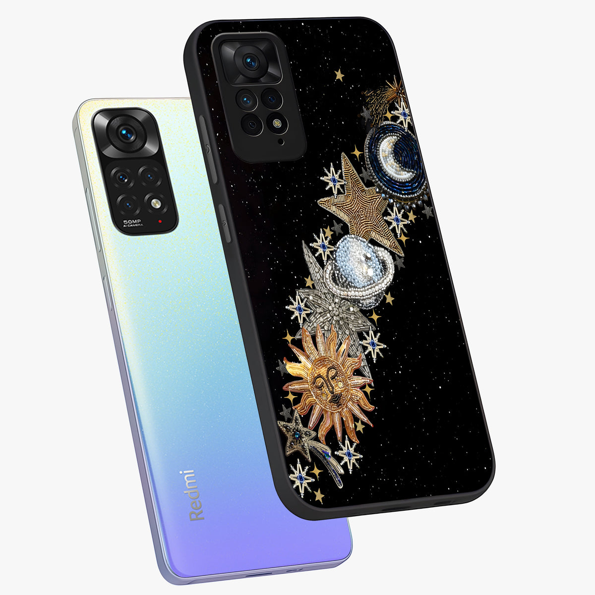 Pearls Universe Object Glass Case displayed in angled mockup highlighting celestial pearl design with dreamy aesthetic.