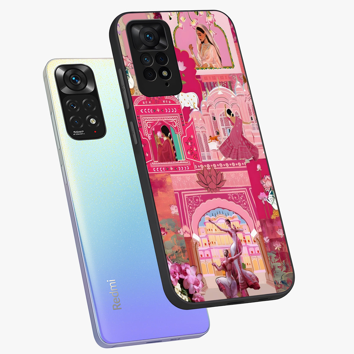 Pink Palace Muse Glass Case displayed in angled mockup highlighting dreamy palace illustration with soft pink aesthetic.