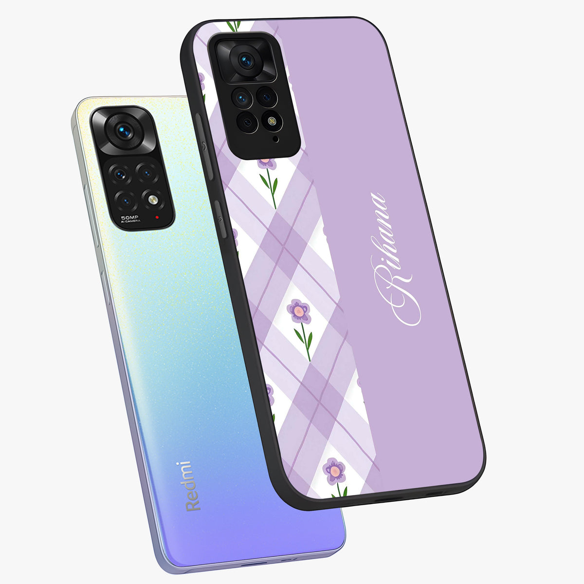 Purple Diamond Floral Glass Case displayed in angled mockup highlighting elegant purple flower design with decorative pattern.