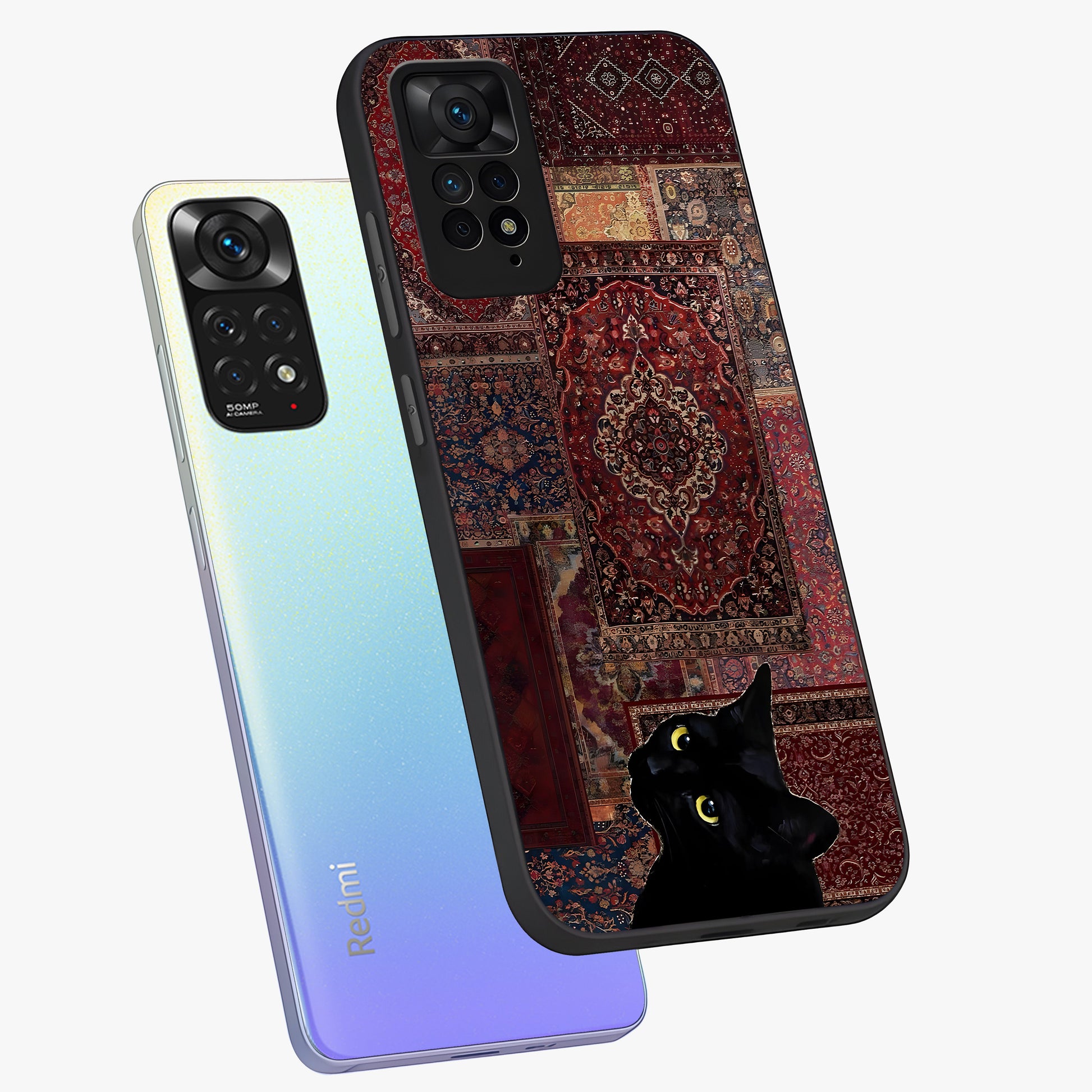 Regal Magic Cat Apple Glass Case displayed in angled mockup highlighting whimsical feline design with fantasy aesthetic.