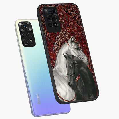 Regal Stallion Tapestry Glass Case displayed in angled mockup highlighting royal stallion design with decorative heritage aesthetic.
