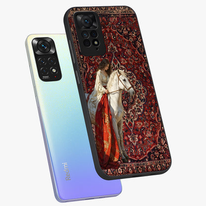 Royal Rider Tapestry Glass Case displayed in angled mockup highlighting traditional tapestry design with royal heritage aesthetic.