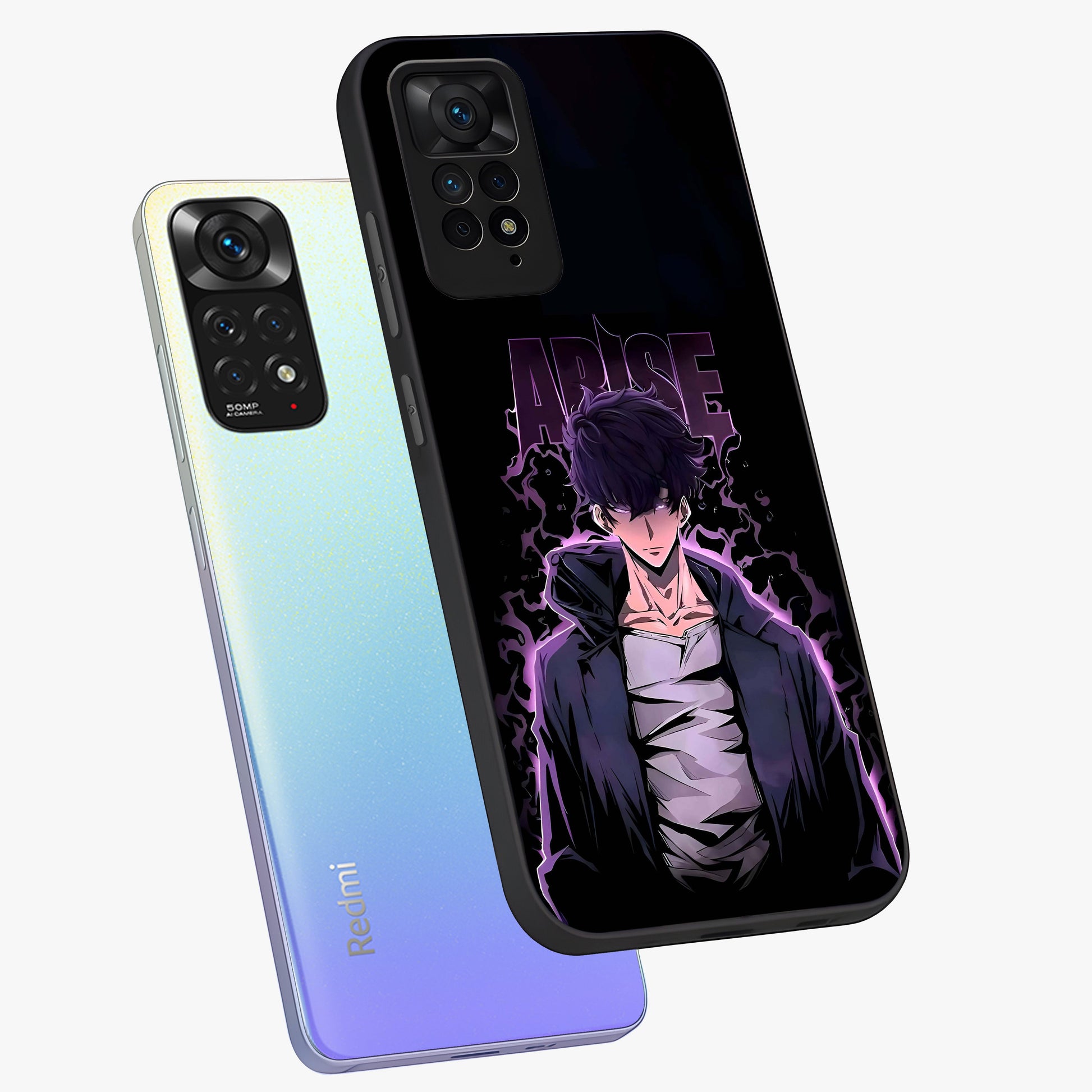 Shadow Monarch Awakening Glass Case displayed in angled mockup highlighting dramatic shadow warrior design with fantasy aesthetic.