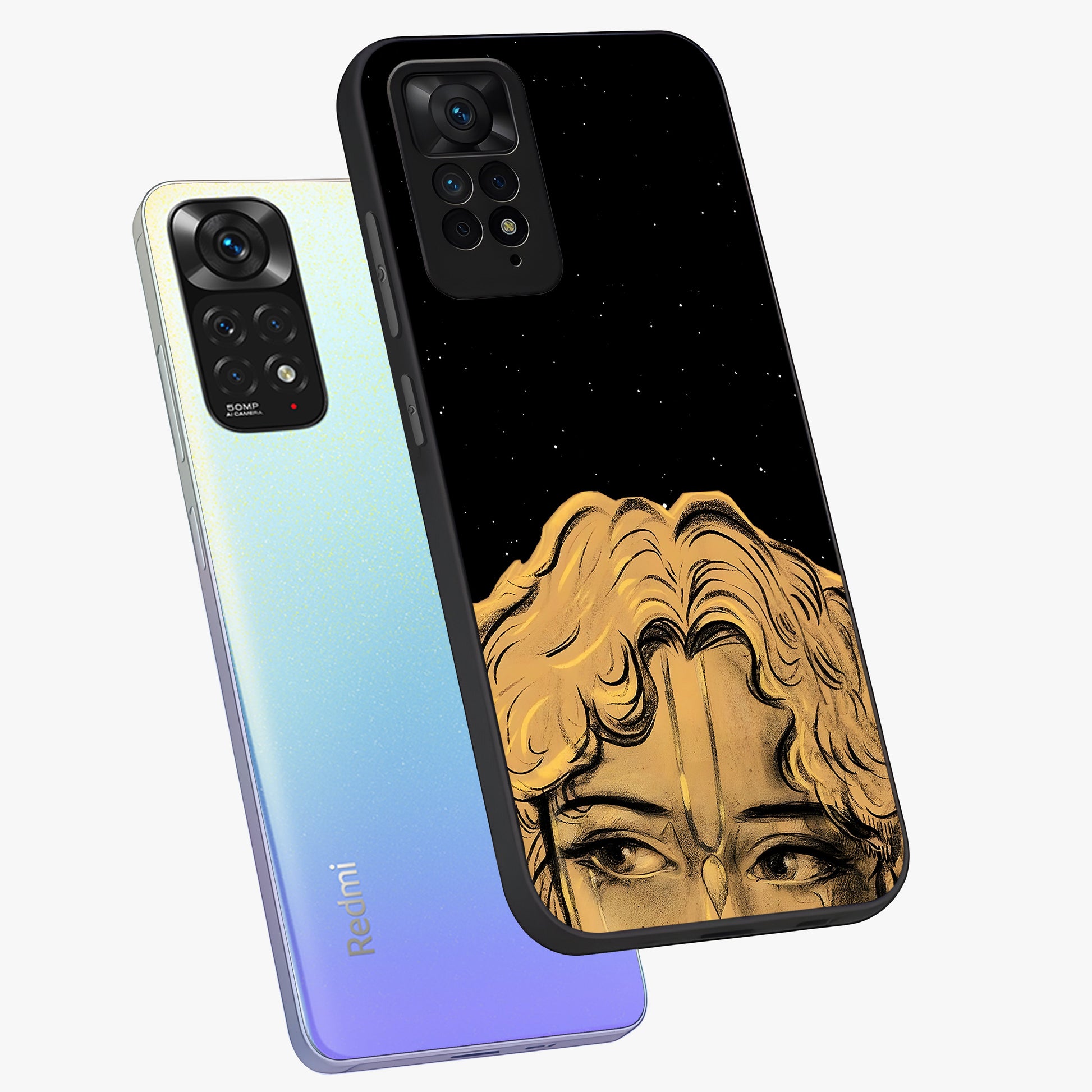 Shri Krishna Art Glass Case displayed in angled mockup highlighting spiritual Krishna illustration with divine aesthetic.