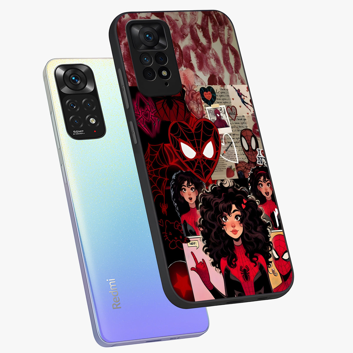 Spider Love Story Glass Case displayed in angled mockup highlighting expressive comic inspired design with playful aesthetic.