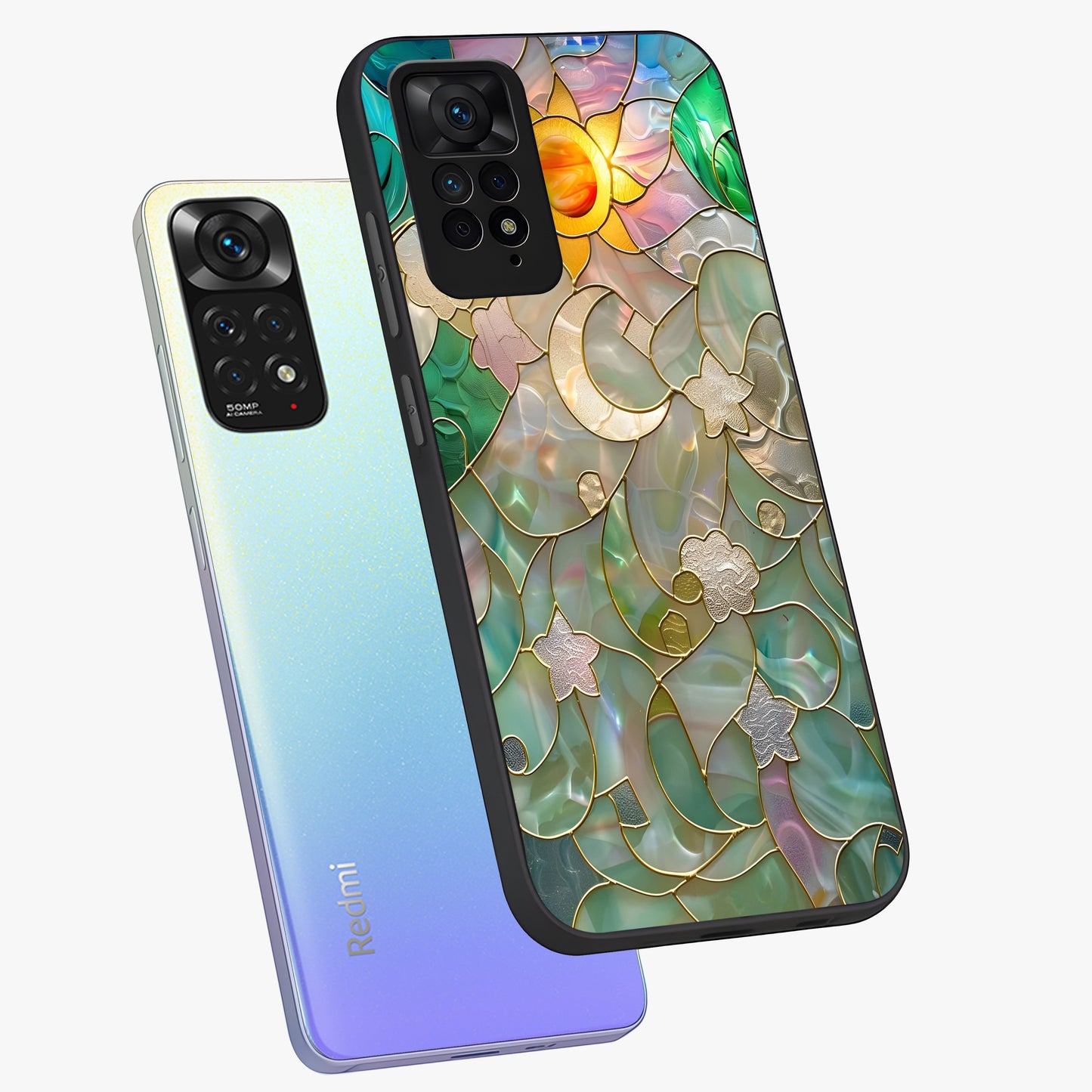 Stained Sunrise Glow Glass Case displayed in angled mockup highlighting radiant sunrise design with artistic aesthetic style.