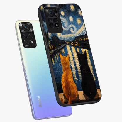 Starry River Cats Glass Case displayed in angled mockup highlighting charming feline illustration with dreamy night aesthetic.