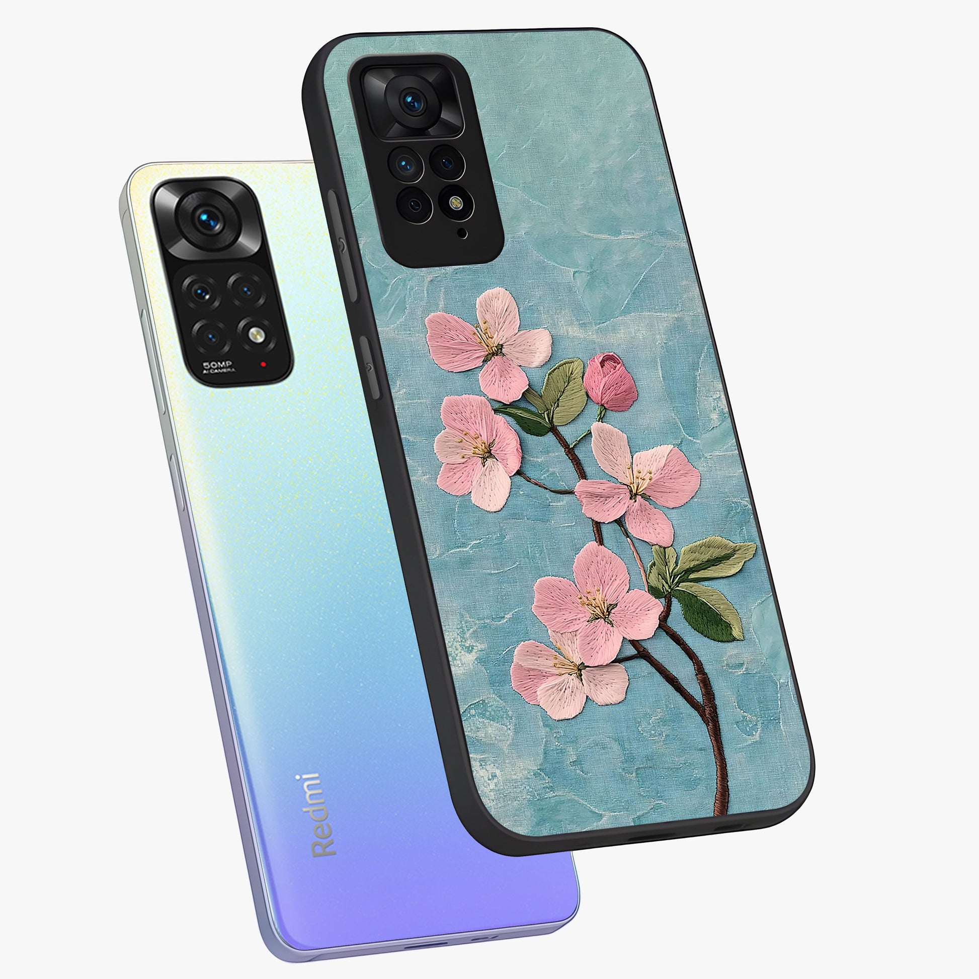 Threaded Blossom Breeze Glass Case displayed in angled mockup highlighting elegant floral design with soft aesthetic style.