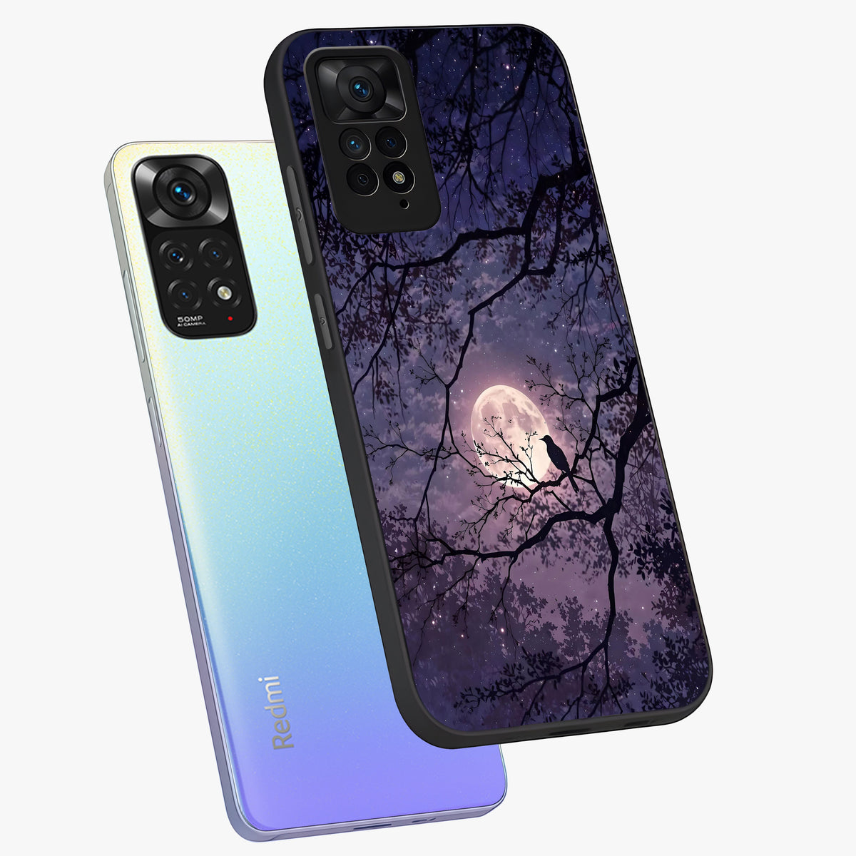 Whispering Moon Silence Glass Case displayed in angled mockup highlighting calm lunar design with dreamy night aesthetic.