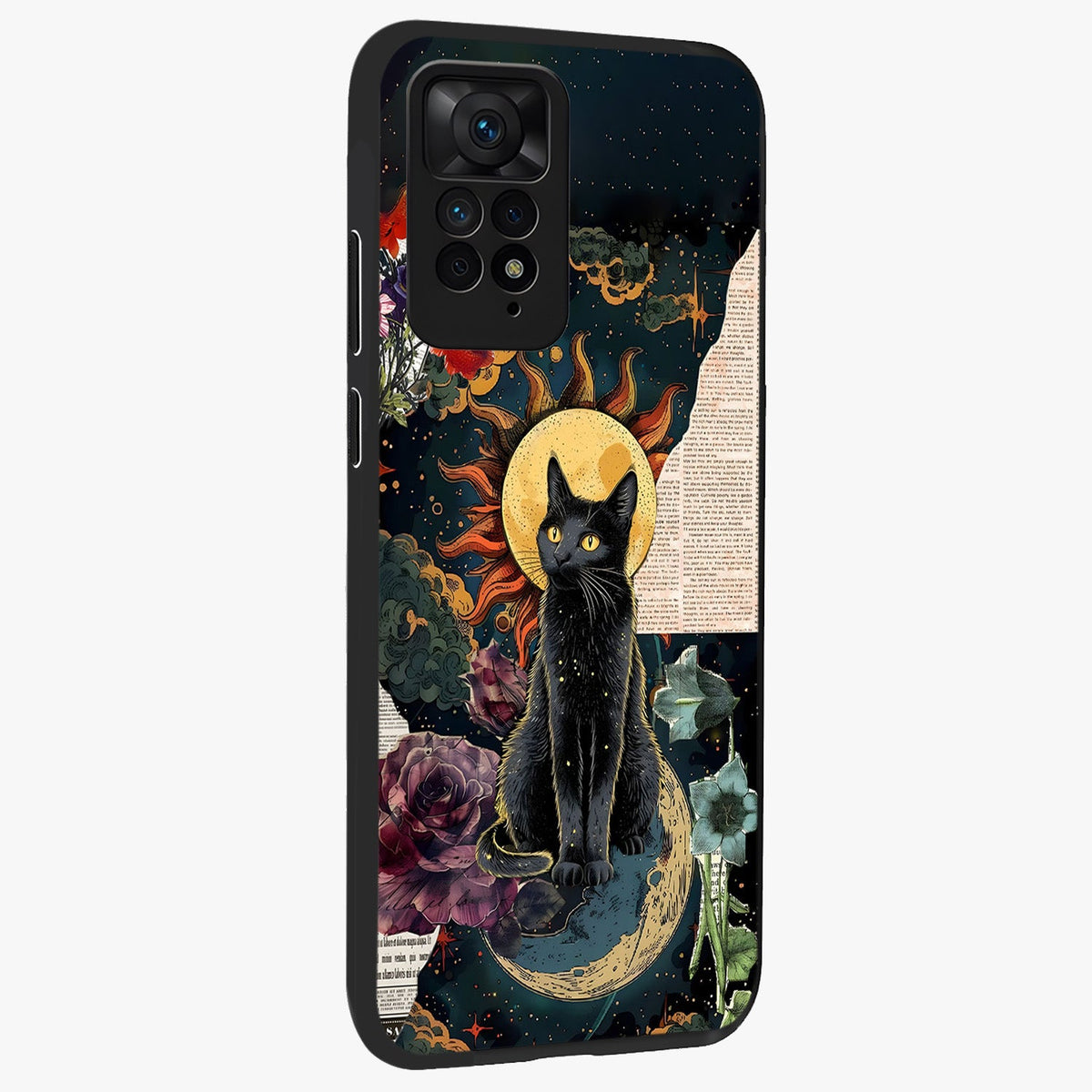 Celestial Black Cat Glass Case upright view showcasing magical black cat illustration with starry cosmic theme.