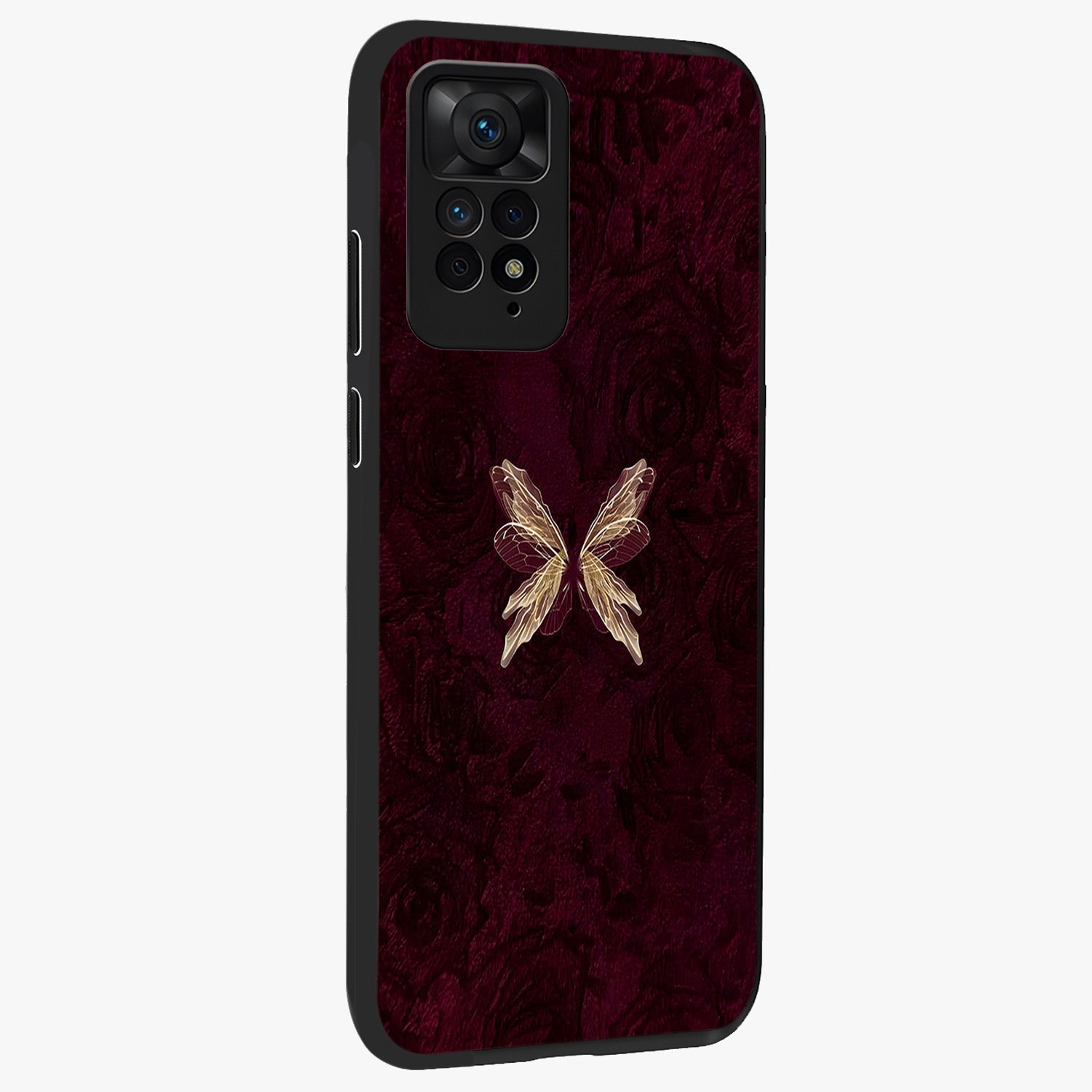 Crimson Fade Butterfly Glass Case upright view showcasing graceful butterfly artwork with soft crimson fade effect.
