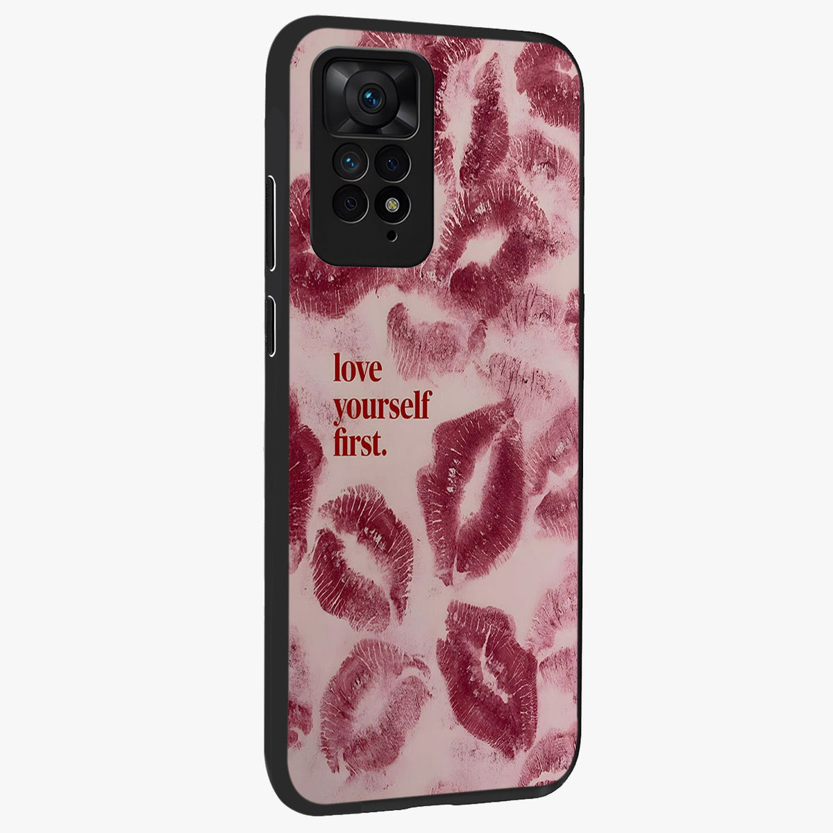 Crimson Kiss Love Glass Case upright view showcasing expressive romantic artwork with deep crimson theme.