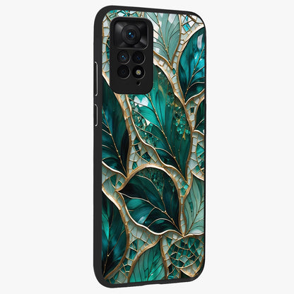 Emerald Leaf Glass Glass Case upright view showcasing fresh green leaf artwork with calming nature inspired style.