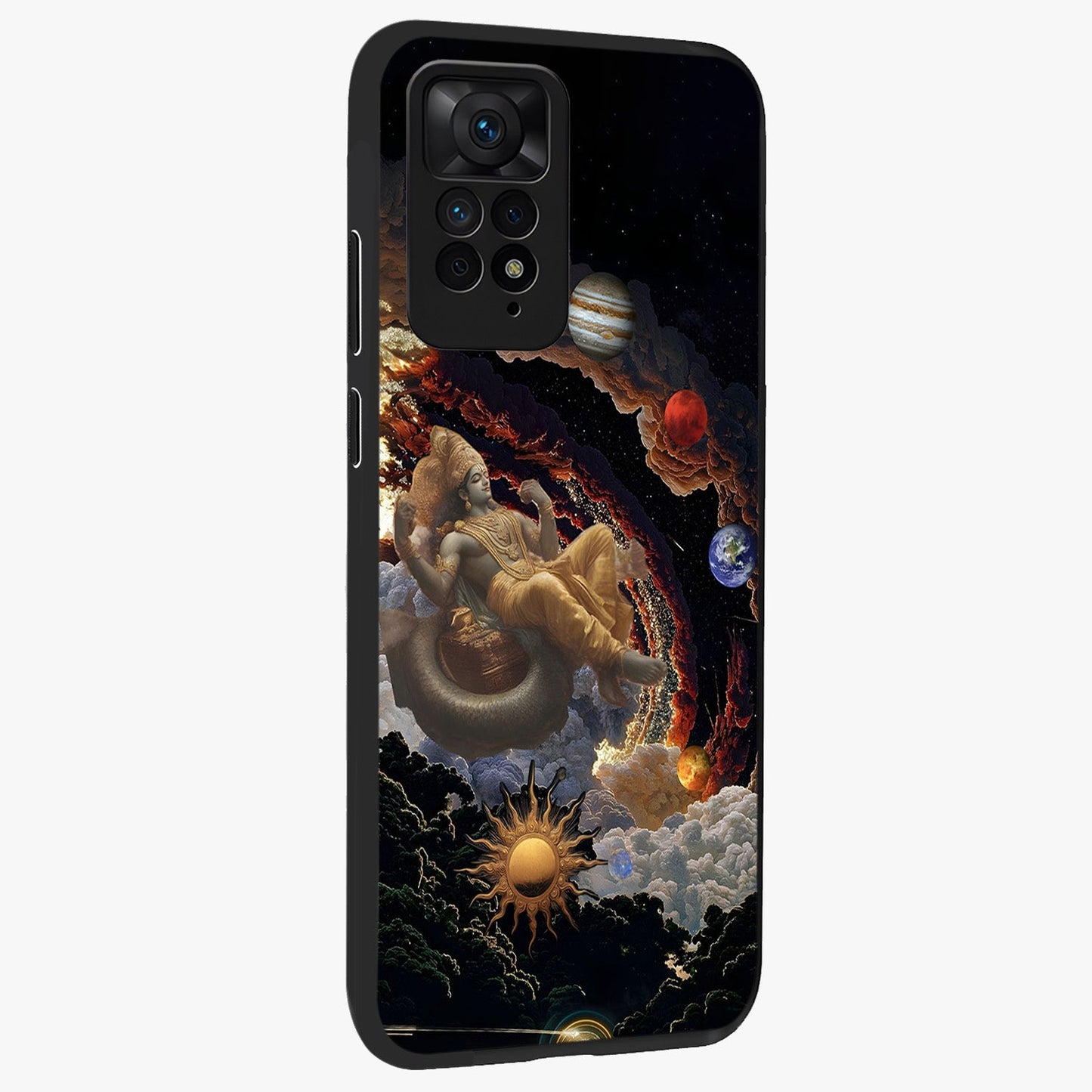 Galactic Divine God Glass Case upright view showcasing mystical divine artwork with dramatic cosmic theme.